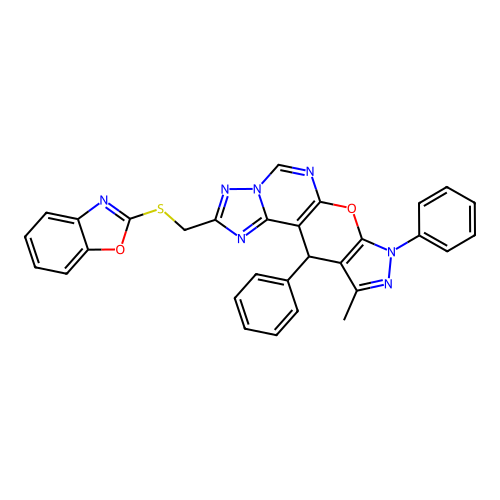 2-[(1,3-benzoxazol-2-ylsulfanyl)methyl]-10-methyl-8,11-diphenyl-8,11-dihydropyrazolo[4',3':5,6]pyrano[3,2-e][1,2,4]triazolo[1,5-c]pyrimidine structure