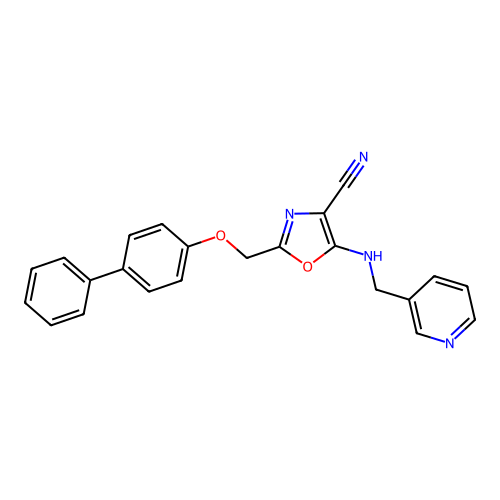 2-[(biphenyl-4-yloxy)methyl]-5-[(pyridin-3-ylmethyl)amino]-1,3-oxazole-4-carbonitrile structure