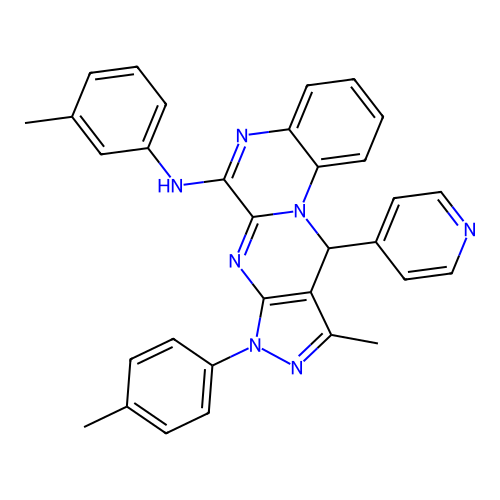 10-methyl-11-(pyridin-4-yl)-N-(m-tolyl)-8-(p-tolyl)-8,11-dihydropyrazolo[3',4':4,5]pyrimido[1,2-a]quinoxalin-6-amine structure