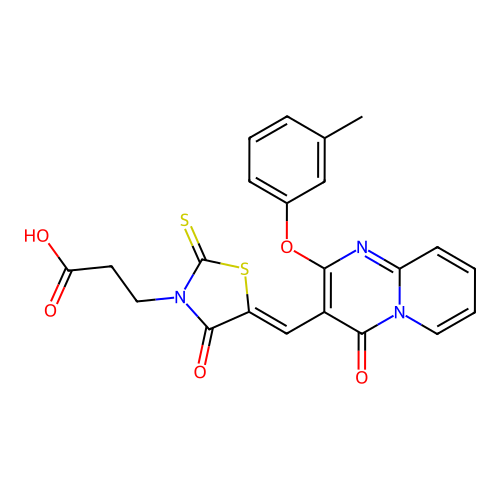 3-[(5Z)-5-{[2-(3-methylphenoxy)-4-oxo-4H-pyrido[1,2-a]pyrimidin-3-yl]methylidene}-4-oxo-2-thioxo-1,3-thiazolidin-3-yl]propanoic acid structure