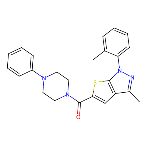 (3-methyl-1-(o-tolyl)-1H-thieno[2,3-c]pyrazol-5-yl)(4-phenylpiperazin-1-yl)methanone structure