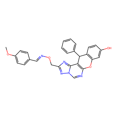 2-[({[(E)-(4-methoxyphenyl)methylidene]amino}oxy)methyl]-12-phenyl-12H-chromeno[3,2-e][1,2,4]triazolo[1,5-c]pyrimidin-9-ol structure