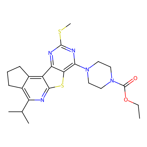 ethyl 4-(4-isopropyl-9-(methylthio)-2,3-dihydro-1H-cyclopenta[4',5']pyrido[3',2':4,5]thieno[3,2-d]pyrimidin-7-yl)piperazine-1-carboxylate structure