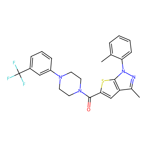 (3-methyl-1-(o-tolyl)-1H-thieno[2,3-c]pyrazol-5-yl)(4-(3-(trifluoromethyl)phenyl)piperazin-1-yl)methanone structure
