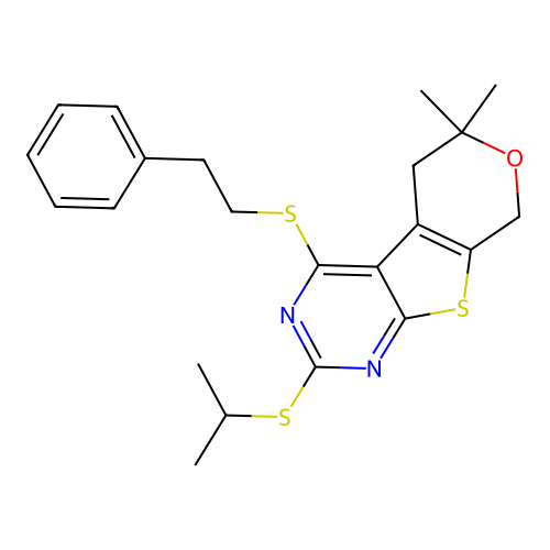 2-(isopropylthio)-6,6-dimethyl-4-(phenethylthio)-6,8-dihydro-5H-pyrano[4',3':4,5]thieno[2,3-d]pyrimidine structure