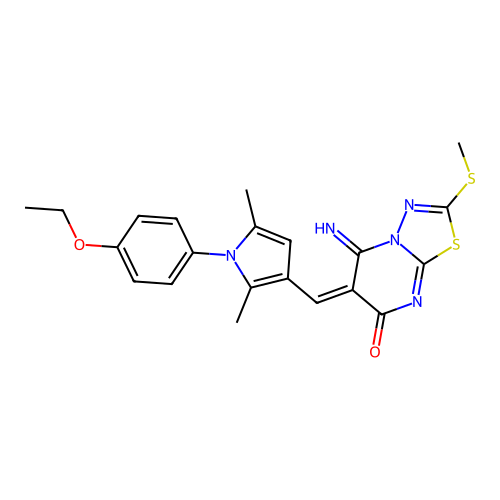 (6E)-6-[[1-(4-ethoxyphenyl)-2,5-dimethylpyrrol-3-yl]methylidene]-5-imino-2-methylsulfanyl-[1,3,4]thiadiazolo[3,2-a]pyrimidin-7-one structure