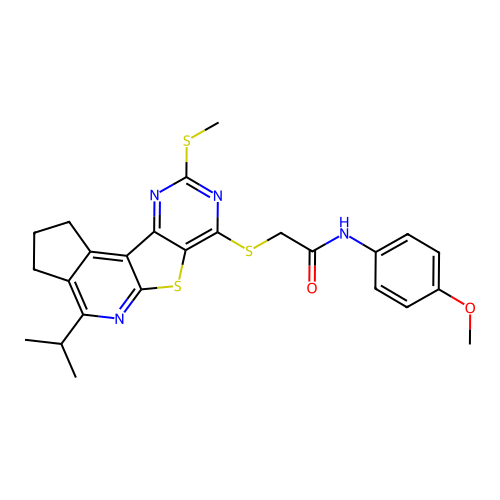2-((4-isopropyl-9-(methylthio)-2,3-dihydro-1H-cyclopenta[4',5']pyrido[3',2':4,5]thieno[3,2-d]pyrimidin-7-yl)thio)-N-(4-methoxyphenyl)acetamide structure