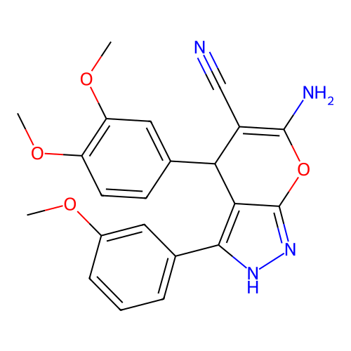 6-amino-4-(3,4-dimethoxyphenyl)-3-(3-methoxyphenyl)-2,4-dihydropyrano[2,3-c]pyrazole-5-carbonitrile structure