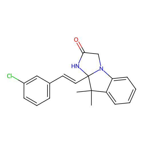 (E)-9a-(3-chlorostyryl)-9,9-dimethyl-9,9a-dihydro-1H-imidazo[1,2-a]indol-2(3H)-one structure