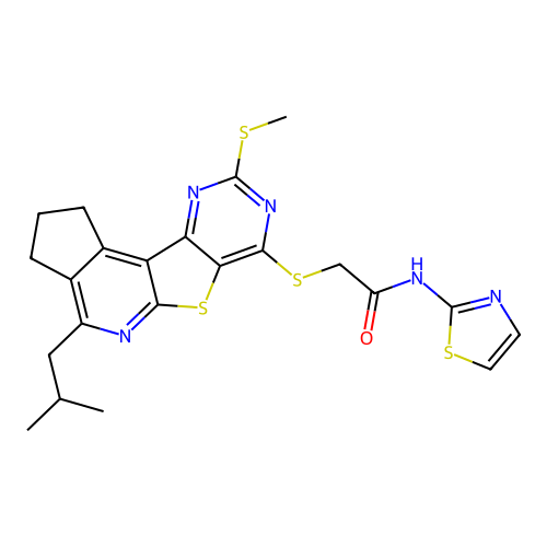 2-((4-isobutyl-9-(methylthio)-2,3-dihydro-1H-cyclopenta[4',5']pyrido[3',2':4,5]thieno[3,2-d]pyrimidin-7-yl)thio)-N-(thiazol-2-yl)acetamide structure