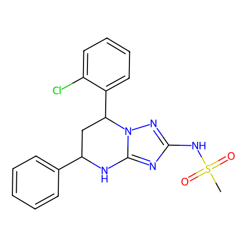 N-(7-(2-chlorophenyl)-5-phenyl-4,5,6,7-tetrahydro-[1,2,4]triazolo[1,5-a]pyrimidin-2-yl)methanesulfonamide structure