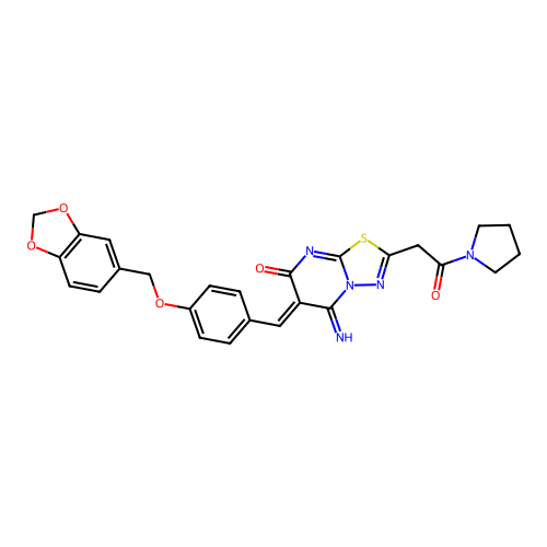 (6Z)-6-[[4-(1,3-benzodioxol-5-ylmethoxy)phenyl]methylidene]-5-imino-2-(2-oxo-2-pyrrolidin-1-ylethyl)-[1,3,4]thiadiazolo[3,2-a]pyrimidin-7-one structure