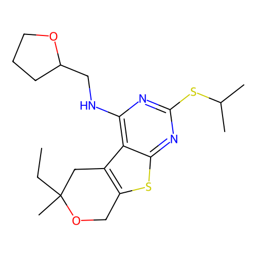6-ethyl-2-(isopropylthio)-6-methyl-N-((tetrahydrofuran-2-yl)methyl)-6,8-dihydro-5H-pyrano[4',3':4,5]thieno[2,3-d]pyrimidin-4-amine structure