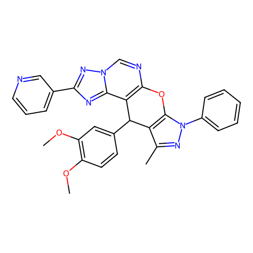 11-(3,4-dimethoxyphenyl)-10-methyl-8-phenyl-2-(pyridin-3-yl)-8,11-dihydropyrazolo[4',3':5,6]pyrano[3,2-e][1,2,4]triazolo[1,5-c]pyrimidine structure