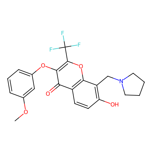 7-hydroxy-3-(3-methoxyphenoxy)-8-(pyrrolidin-1-ylmethyl)-2-(trifluoromethyl)-4H-chromen-4-one structure
