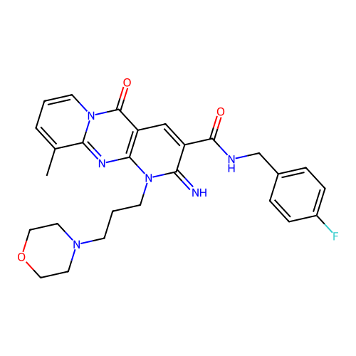 2-Imino-8-methyl-1-(3-morpholin-4-yl-propyl)-10-oxo-1,10-dihydro-2H-1,9,10a-triaza-anthracene-3-carb oxylic acid 4-fluoro-benzylamide structure