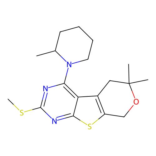 6,6-dimethyl-4-(2-methylpiperidin-1-yl)-2-(methylsulfanyl)-5,8-dihydro-6H-pyrano[4',3':4,5]thieno[2,3-d]pyrimidine structure