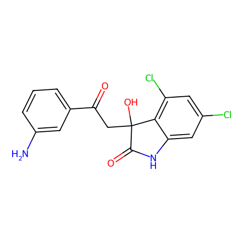3-(2-(3-aminophenyl)-2-oxoethyl)-4,6-dichloro-3-hydroxyindolin-2-one structure