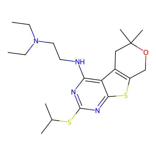 N'-[6,6-dimethyl-2-(propan-2-ylsulfanyl)-5,8-dihydro-6H-pyrano[4',3':4,5]thieno[2,3-d]pyrimidin-4-yl]-N,N-diethylethane-1,2-diamine structure