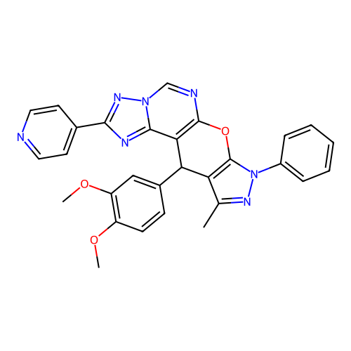 11-(3,4-dimethoxyphenyl)-10-methyl-8-phenyl-2-(pyridin-4-yl)-8,11-dihydropyrazolo[4',3':5,6]pyrano[3,2-e][1,2,4]triazolo[1,5-c]pyrimidine structure