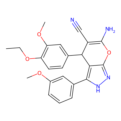 6-amino-4-(4-ethoxy-3-methoxyphenyl)-3-(3-methoxyphenyl)-2,4-dihydropyrano[2,3-c]pyrazole-5-carbonitrile structure