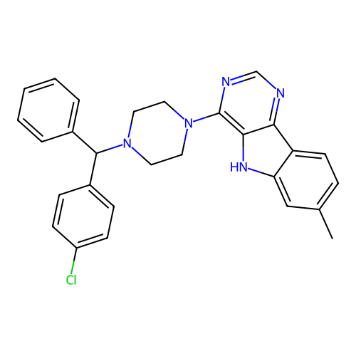 4-(4-((4-chlorophenyl)(phenyl)methyl)piperazin-1-yl)-7-methyl-5H-pyrimido[5,4-b]indole structure