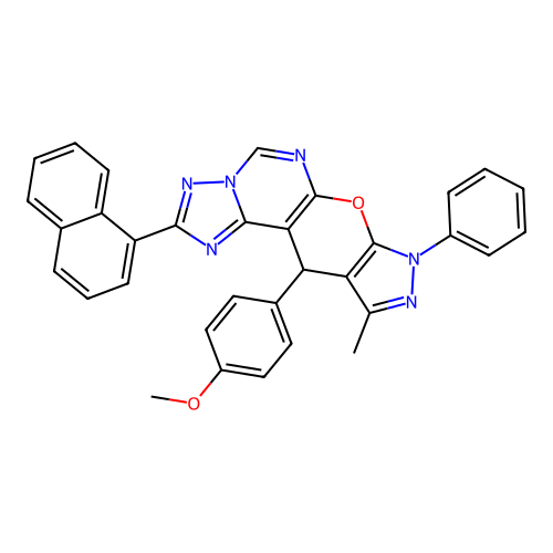 11-(4-methoxyphenyl)-10-methyl-2-(naphthalen-1-yl)-8-phenyl-8,11-dihydropyrazolo[4',3':5,6]pyrano[3,2-e][1,2,4]triazolo[1,5-c]pyrimidine structure