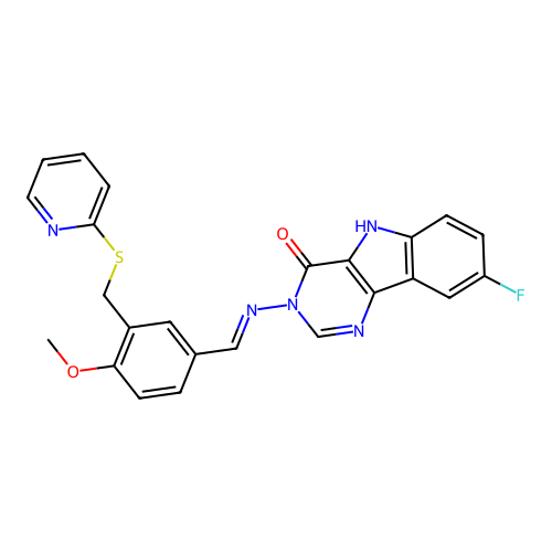 (E)-8-fluoro-3-((4-methoxy-3-((pyridin-2-ylthio)methyl)benzylidene)amino)-3H-pyrimido[5,4-b]indol-4(5H)-one structure