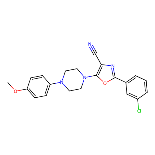 2-(3-chlorophenyl)-5-[4-(4-methoxyphenyl)-1-piperazinyl]-1,3-oxazole-4-carbonitrile structure