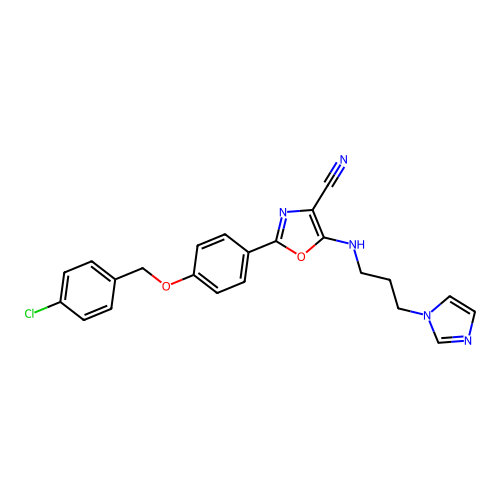 2-[4-[(4-chlorophenyl)methoxy]phenyl]-5-(3-imidazol-1-ylpropylamino)-1,3-oxazole-4-carbonitrile structure