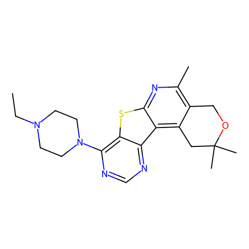 8-(4-ethylpiperazin-1-yl)-2,2,5-trimethyl-1,4-dihydro-2H-pyrano[4'',3'':4',5']pyrido[3',2':4,5]thieno[3,2-d]pyrimidine structure