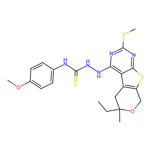 2-(6-ethyl-6-methyl-2-(methylthio)-6,8-dihydro-5H-pyrano[4',3':4,5]thieno[2,3-d]pyrimidin-4-yl)-N-(4-methoxyphenyl)hydrazinecarbothioamide structure