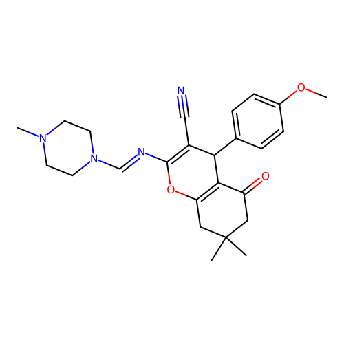 4-(4-methoxyphenyl)-7,7-dimethyl-2-{[(E)-(4-methylpiperazin-1-yl)methylidene]amino}-5-oxo-5,6,7,8-tetrahydro-4H-chromene-3-carbonitrile structure