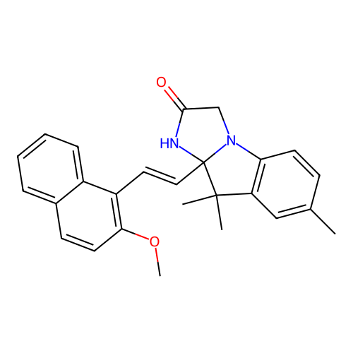 (E)-9a-(2-(2-methoxynaphthalen-1-yl)vinyl)-7,9,9-trimethyl-9,9a-dihydro-1H-imidazo[1,2-a]indol-2(3H)-one structure