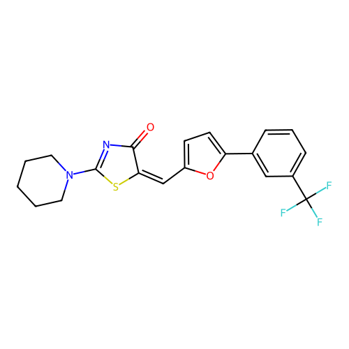 (5E)-2-(piperidin-1-yl)-5-({5-[3-(trifluoromethyl)phenyl]furan-2-yl}methylidene)-1,3-thiazol-4(5H)-one structure