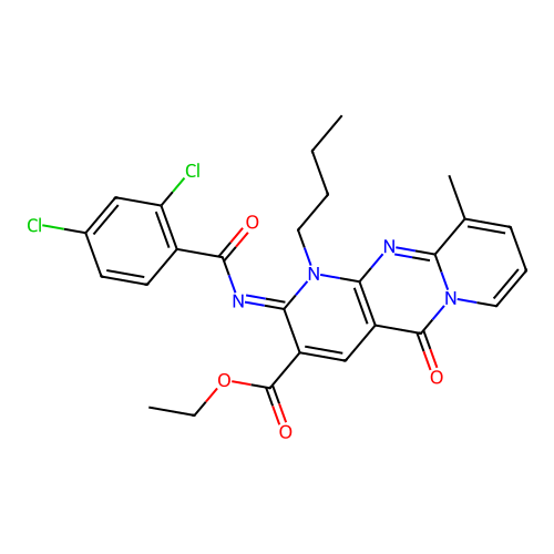 (Z)-ethyl 1-butyl-2-((2,4-dichlorobenzoyl)imino)-10-methyl-5-oxo-2,5-dihydro-1H-dipyrido[1,2-a:2',3'-d]pyrimidine-3-carboxylate structure