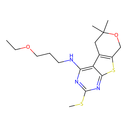 N-(3-ethoxypropyl)-6,6-dimethyl-2-(methylsulfanyl)-5,8-dihydro-6H-pyrano[4',3':4,5]thieno[2,3-d]pyrimidin-4-amine structure
