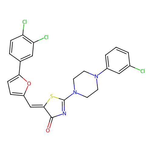 (5Z)-2-[4-(3-chlorophenyl)piperazin-1-yl]-5-[[5-(3,4-dichlorophenyl)furan-2-yl]methylidene]-1,3-thiazol-4-one structure