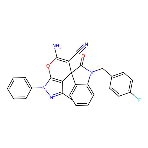 6'-amino-1-(4-fluorobenzyl)-3'-methyl-2-oxo-1'-phenyl-1'H-spiro[indoline-3,4'-pyrano[2,3-c]pyrazole]-5'-carbonitrile structure