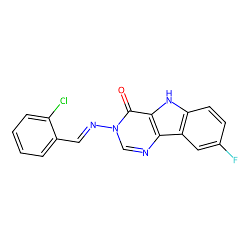 (E)-3-((2-chlorobenzylidene)amino)-8-fluoro-3H-pyrimido[5,4-b]indol-4(5H)-one structure