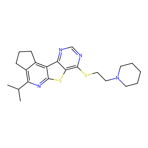 4-isopropyl-7-((2-(piperidin-1-yl)ethyl)thio)-2,3-dihydro-1H-cyclopenta[4',5']pyrido[3',2':4,5]thieno[3,2-d]pyrimidine structure