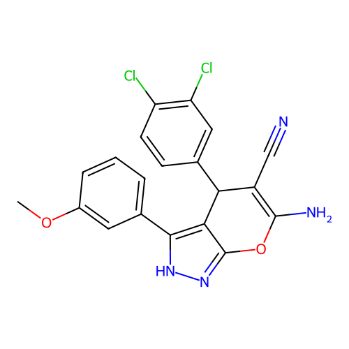6-amino-4-(3,4-dichlorophenyl)-3-(3-methoxyphenyl)-2,4-dihydropyrano[2,3-c]pyrazole-5-carbonitrile structure