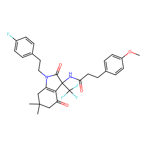 N-(1-(4-fluorophenethyl)-6,6-dimethyl-2,4-dioxo-3-(trifluoromethyl)-2,3,4,5,6,7-hexahydro-1H-indol-3-yl)-3-(4-methoxyphenyl)propanamide structure