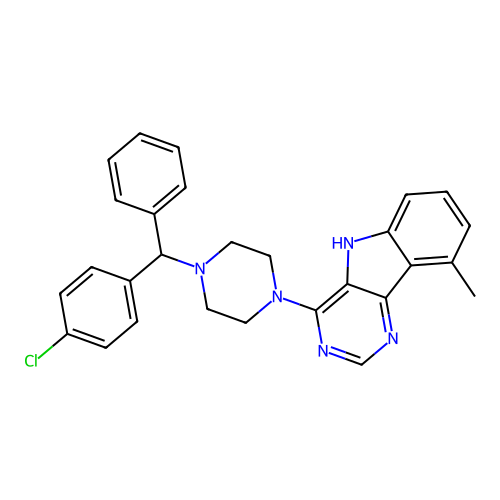 4-(4-((4-chlorophenyl)(phenyl)methyl)piperazin-1-yl)-9-methyl-5H-pyrimido[5,4-b]indole structure