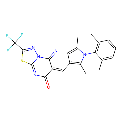 (E)-6-((1-(2,6-dimethylphenyl)-2,5-dimethyl-1H-pyrrol-3-yl)methylene)-5-imino-2-(trifluoromethyl)-5H-[1,3,4]thiadiazolo[3,2-a]pyrimidin-7(6H)-one structure