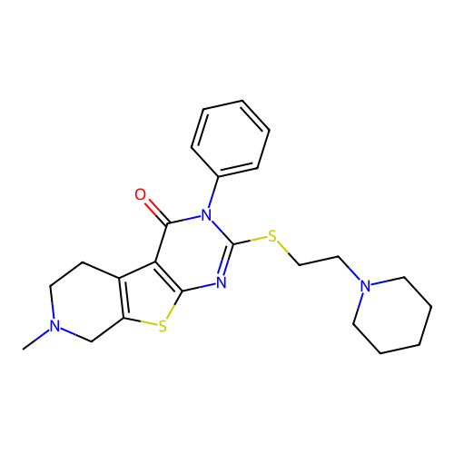 7-methyl-3-phenyl-2-((2-(piperidin-1-yl)ethyl)thio)-5,6,7,8-tetrahydropyrido[4',3':4,5]thieno[2,3-d]pyrimidin-4(3H)-one structure