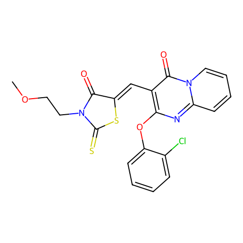 2-(2-chlorophenoxy)-3-{(Z)-[3-(2-methoxyethyl)-4-oxo-2-thioxo-1,3-thiazolidin-5-ylidene]methyl}-4H-pyrido[1,2-a]pyrimidin-4-one structure
