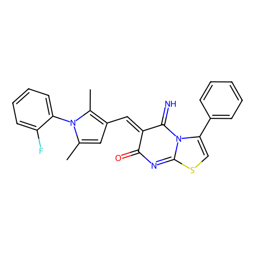 (6Z)-6-[[1-(2-fluorophenyl)-2,5-dimethylpyrrol-3-yl]methylidene]-5-imino-3-phenyl-[1,3]thiazolo[3,2-a]pyrimidin-7-one structure