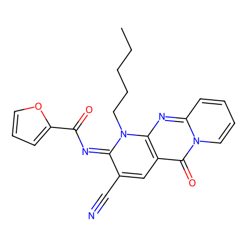 (E)-N-(3-cyano-5-oxo-1-pentyl-1H-dipyrido[1,2-a:2',3'-d]pyrimidin-2(5H)-ylidene)furan-2-carboxamide structure