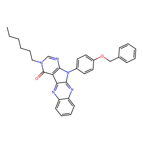 11-(4-(benzyloxy)phenyl)-3-hexyl-3H-pyrimido[5',4':4,5]pyrrolo[2,3-b]quinoxalin-4(11H)-one structure